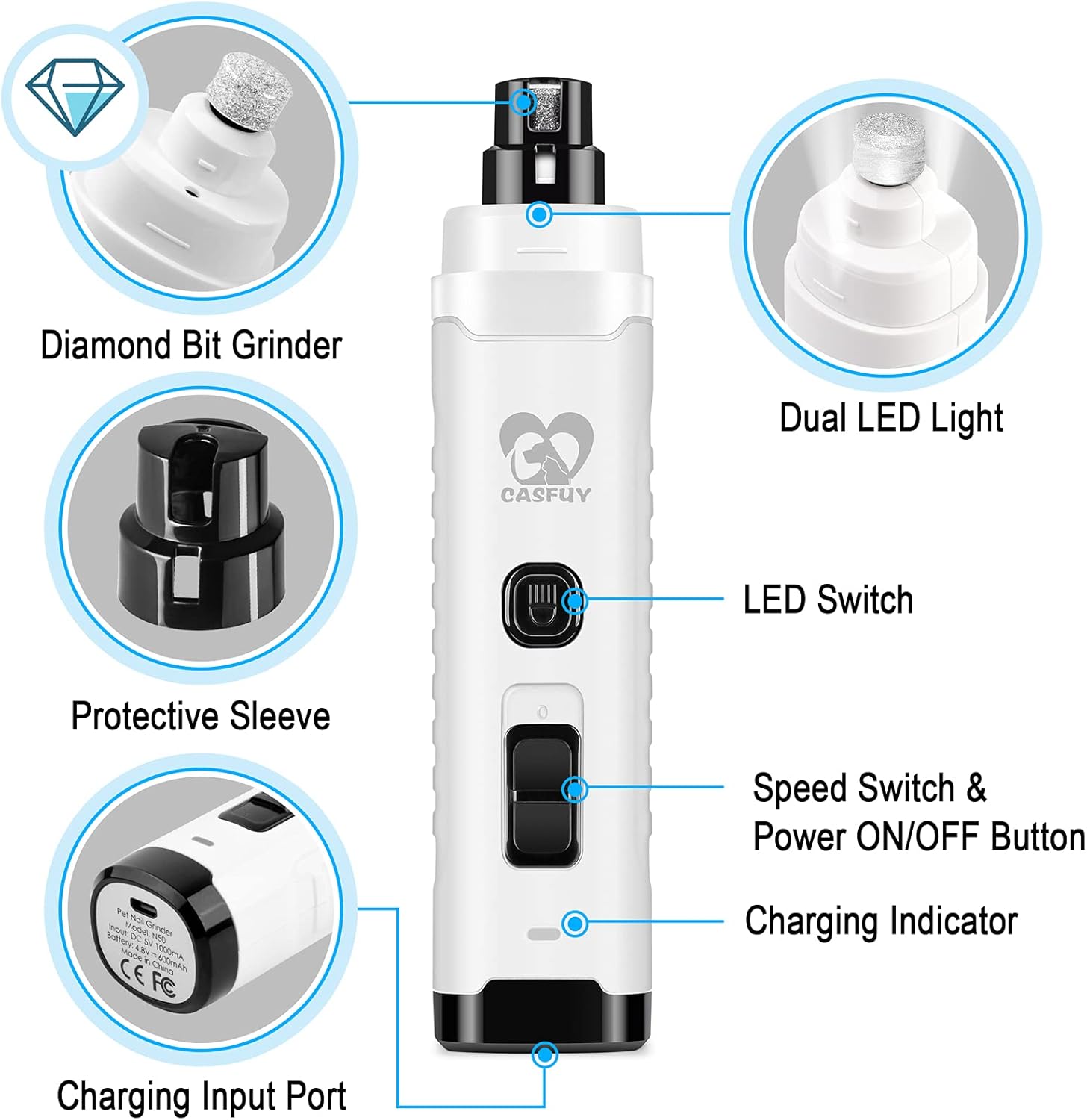 White diamond bit grinder with labeled features on a white background at Pet Servo