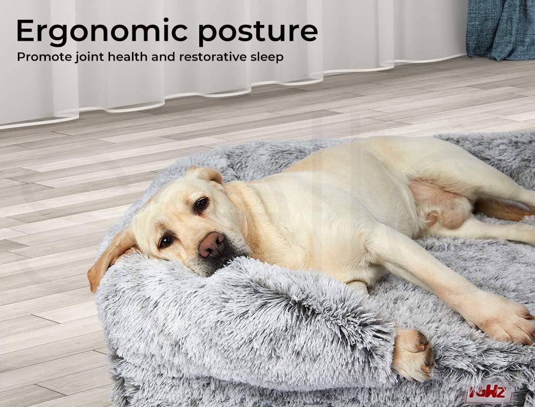 Dog lying on a fluffy gray pet bed with text about ergonomic posture and joint health at Pet Servo