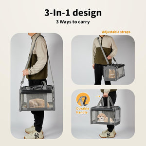 A pet carrier bag shown in three usage panels with a person carrying it, plus text reading '3-In-1 design', '3 Ways to carry', 'Adjustable straps', and 'Durable handle'. The bag is a transparent mesh pet carrier with gray trim and handles, and a cat is visible inside in one panel at Pet Servo