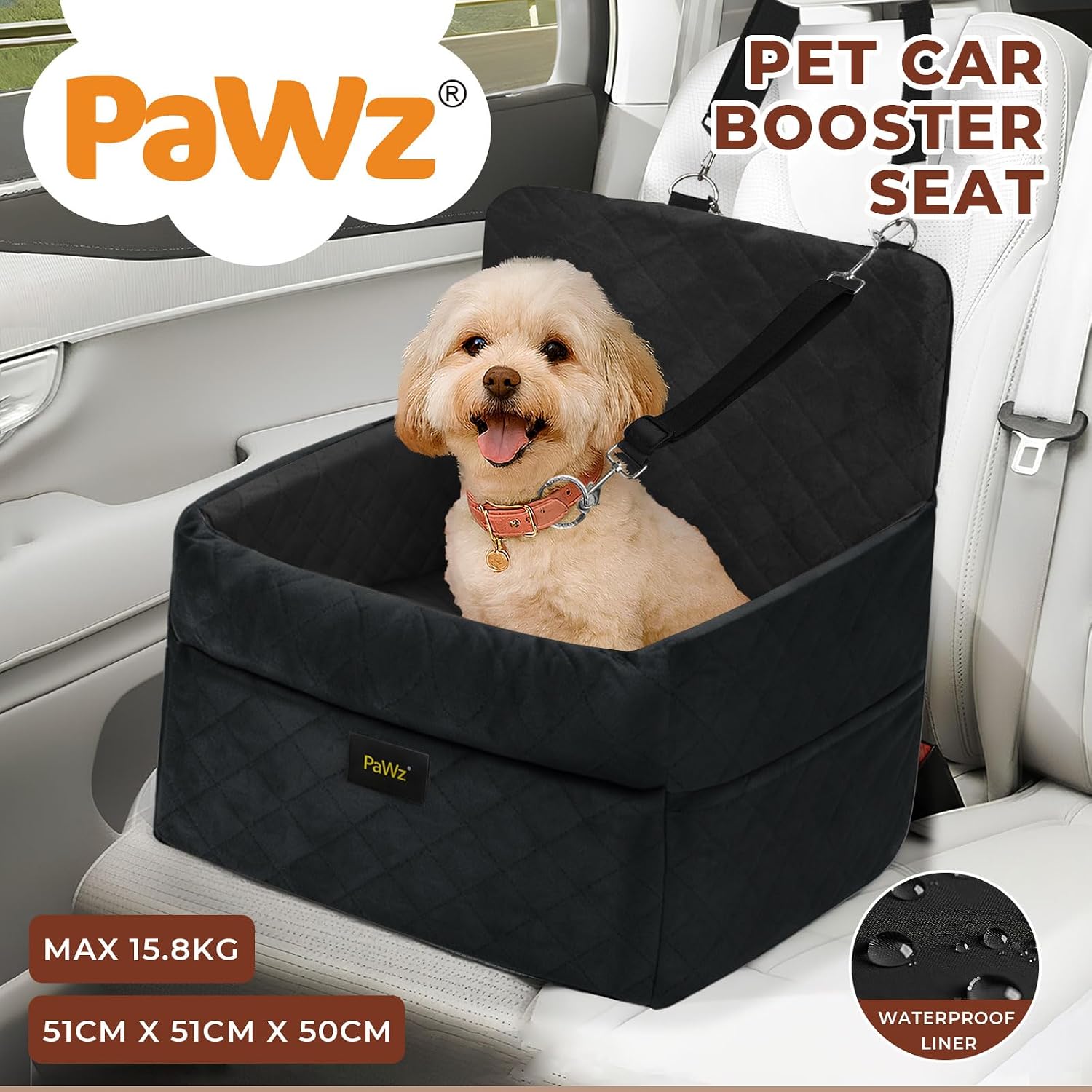 Pet car booster seat with a dog inside, branded as PaWz, in a car interior at Pet Servo