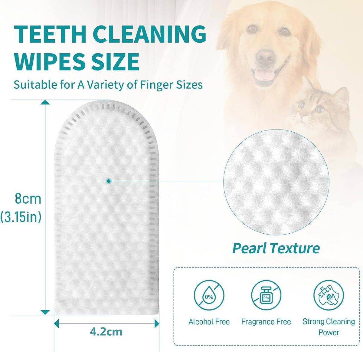 Teeth cleaning wipes for pets, showing a white arched wipe with dimensions of 8cm by 4.2cm, a circular inset highlighting the pearl texture, and a background with a dog and cat at Pet Servo
