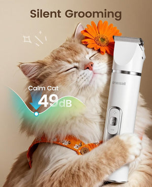Cat holding a pet grooming tool with 'Silent Grooming' text and 49 dB rating.