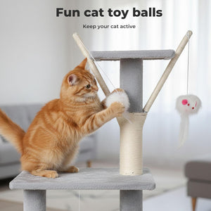 Cat playing with a toy ball attached to a cat tree with text 'Fun cat toy balls Keep your cat active' at Pet Servo