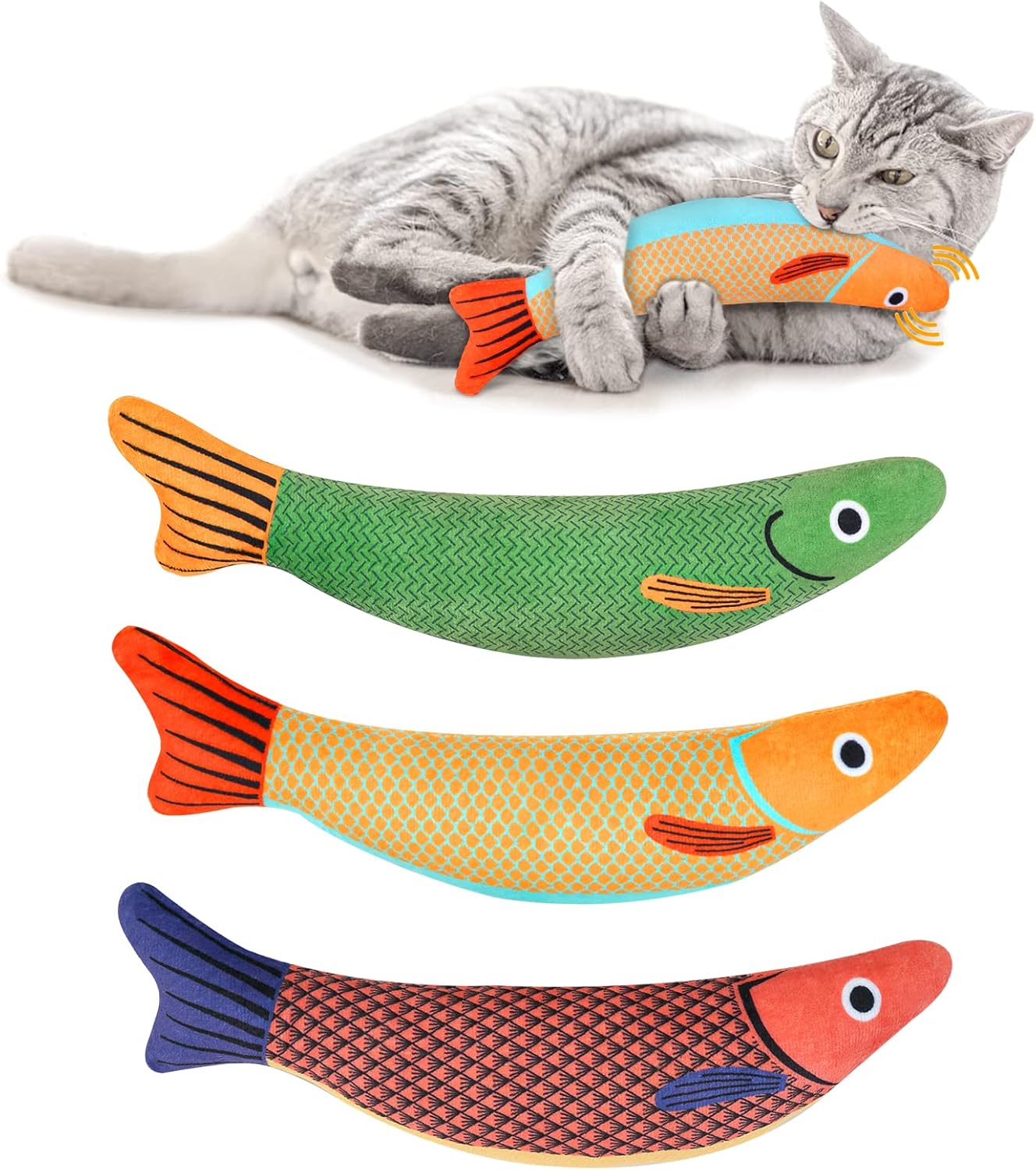 Cat playing with fish-shaped toys on a white background at Pet Servo