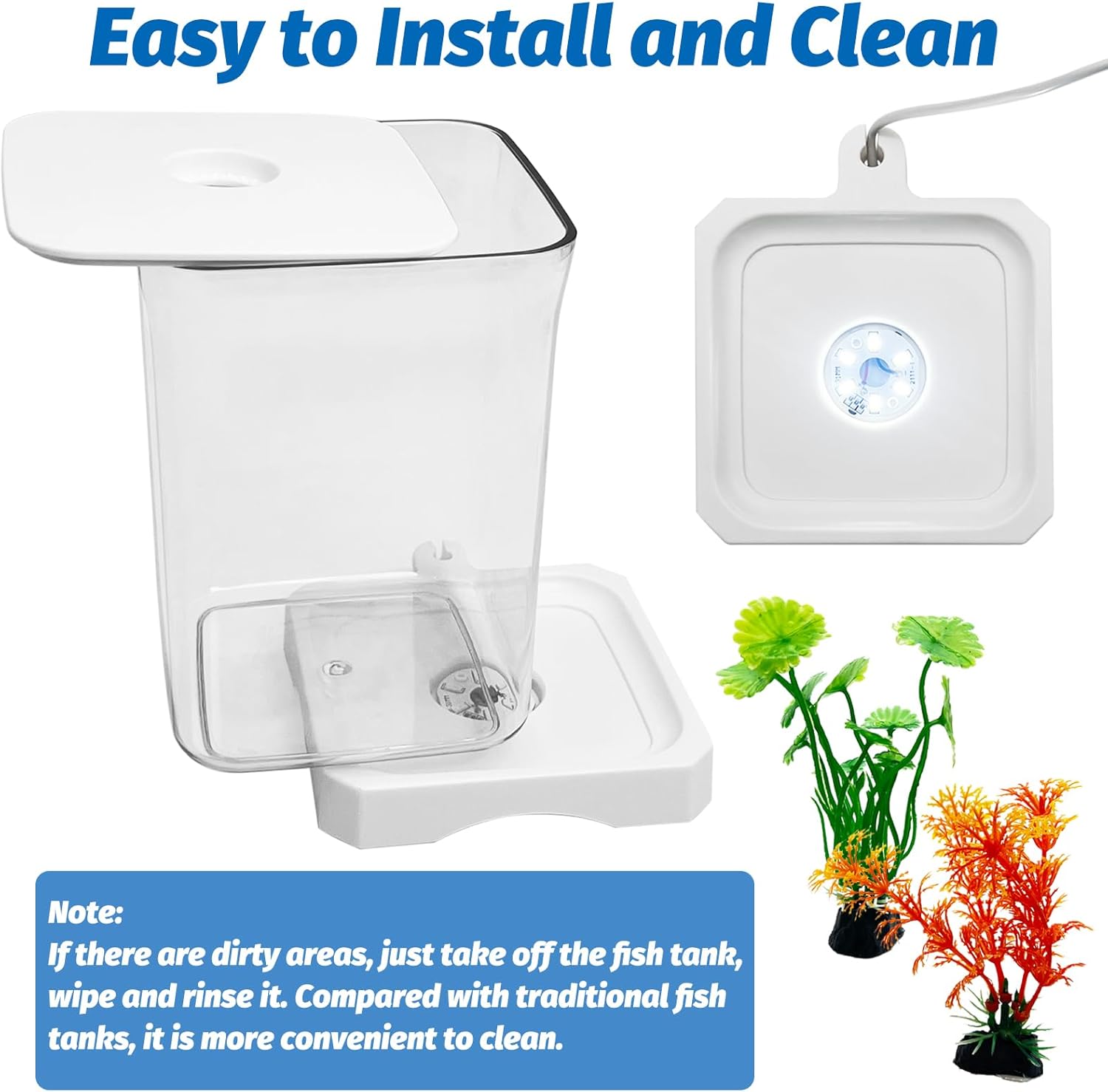 White aquarium with fish tank, cleaning tool, and decorative plants on a white background at Pet Servo