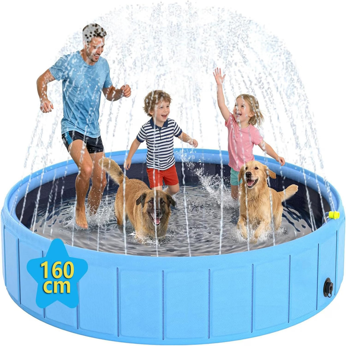 A round inflatable pool with a blue exterior and dark interior, shown with three children and two dogs running and playing in the water jets. A blue star-shaped badge on the lower left reads 160 cm.