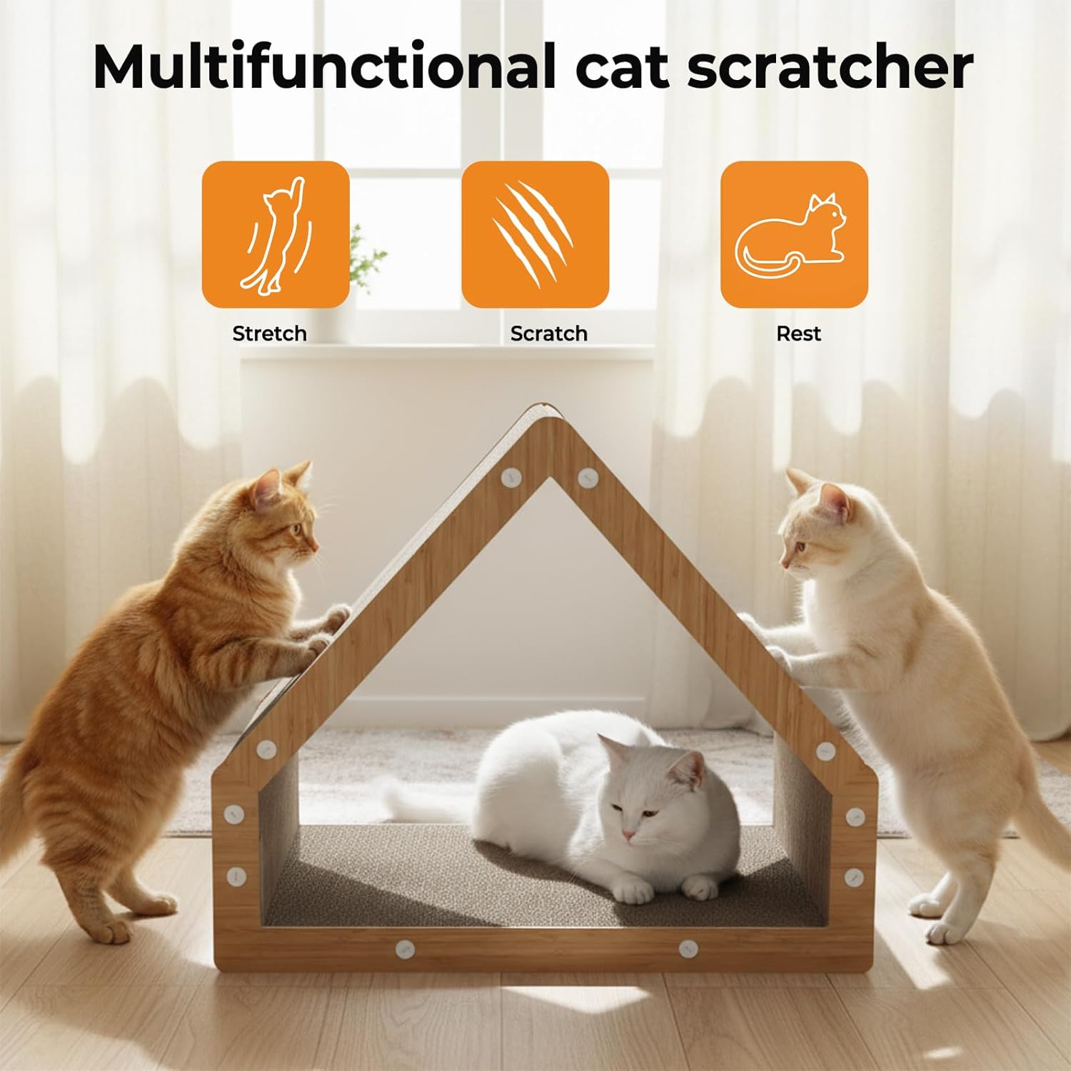 Multifunctional cat scratcher with cats using it in a bright room at Pet Servo