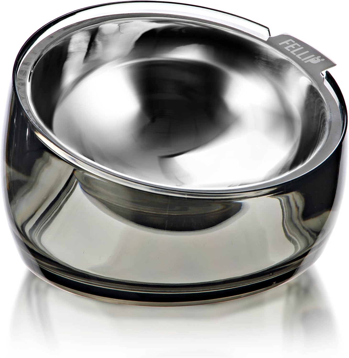 Stainless steel pet bowl with 'Fellini' branding on a white background at Pet Servo