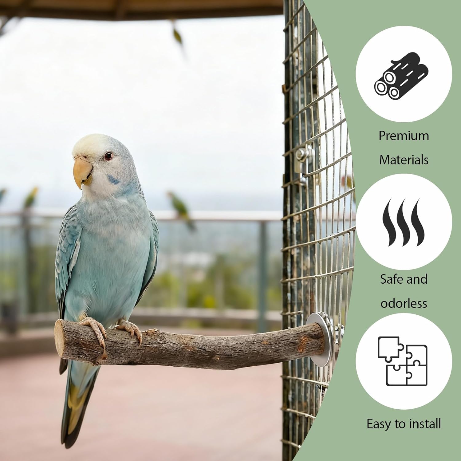 Parrot perched on a branch in a cage with green background and icons indicating product features at Pet Servo