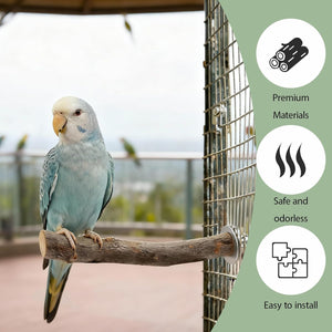 Parrot perched on a branch in a cage with green background and icons indicating product features at Pet Servo