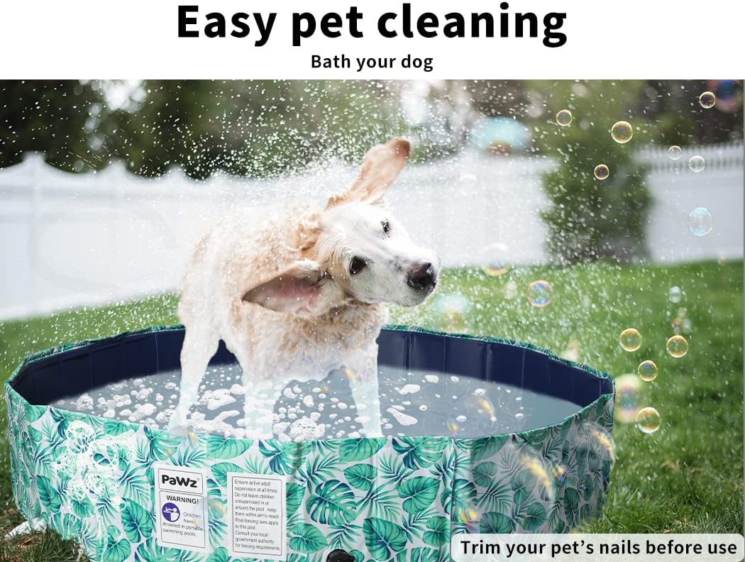 Dog using a portable bath tub with bubbles and text 'Easy pet cleaning Bath your dog' at Pet Servo