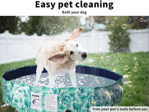 Dog using a portable bath tub with bubbles and text 'Easy pet cleaning Bath your dog' at Pet Servo