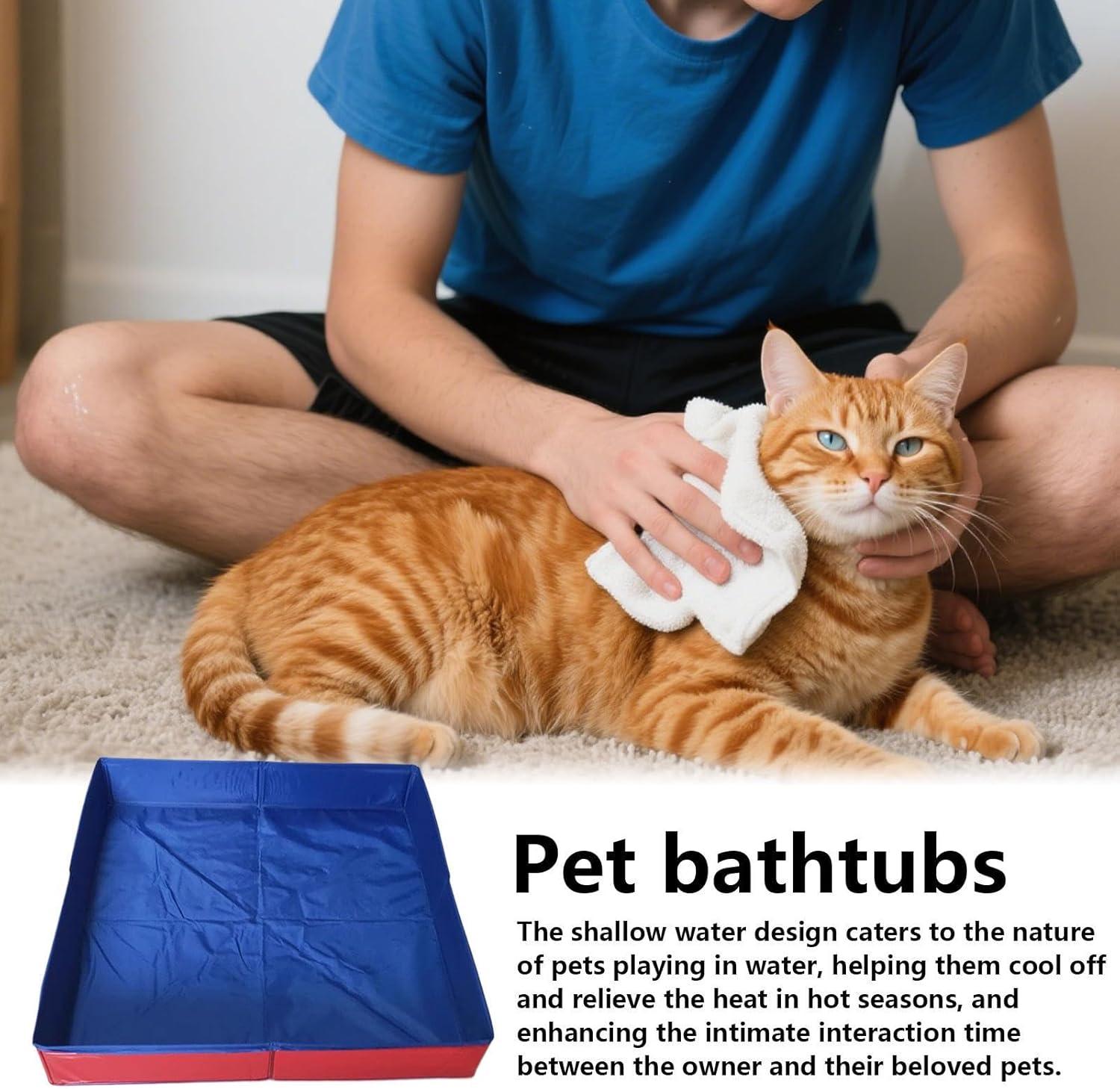 Person sitting with a cat using a small blue and red pet bathtub at Pet Servo