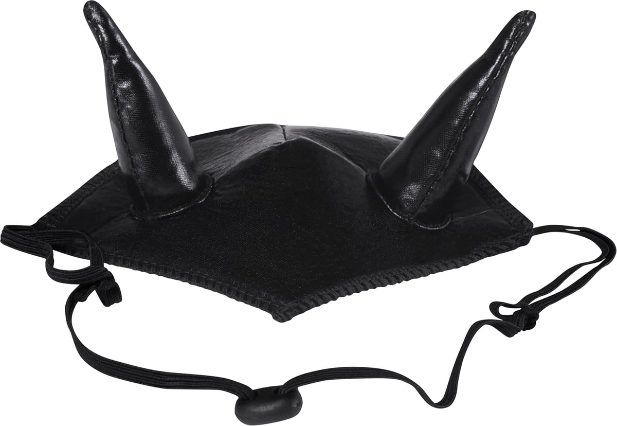 Black leather mask with two large horns on a white background at Pet Servo