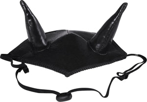 Black leather mask with two large horns on a white background at Pet Servo