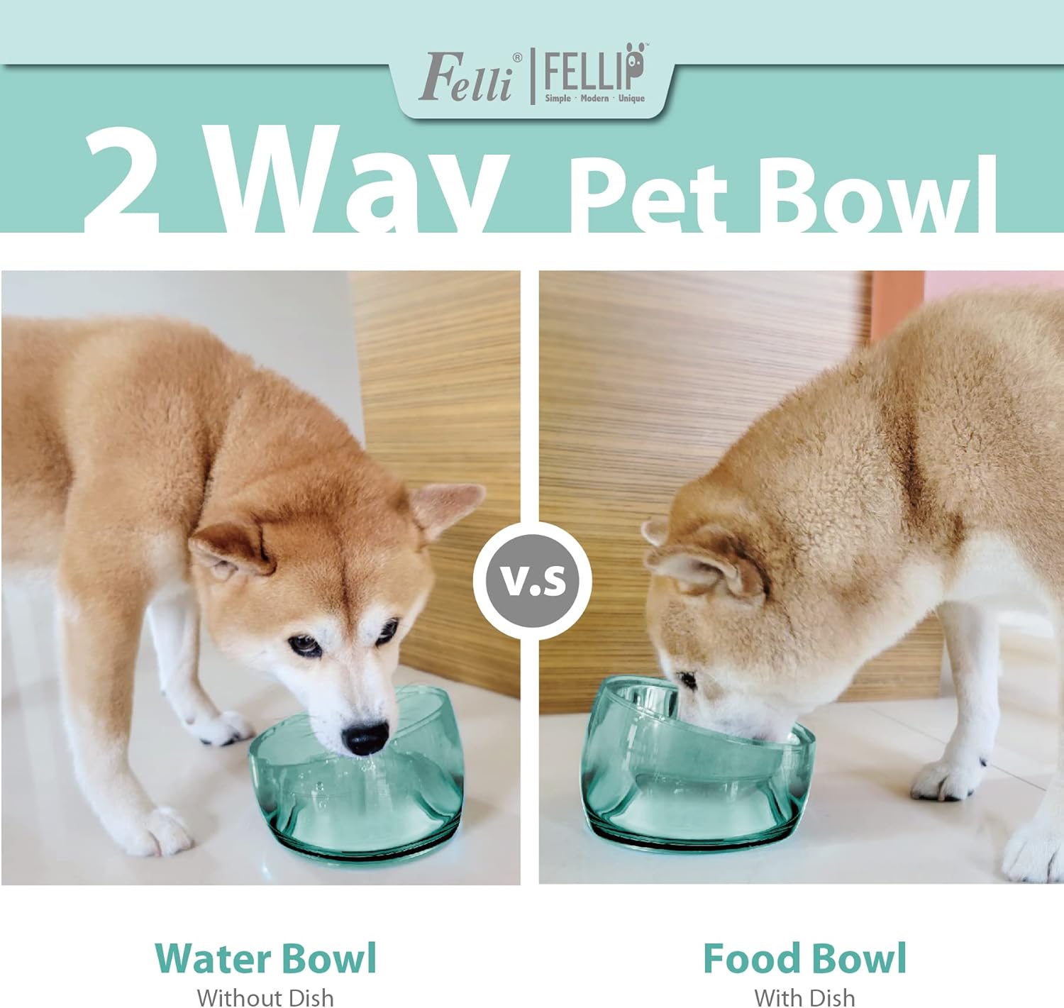 Two images of a dog using a 2-way pet bowl with and without a dish, branded 'Felli' at Pet Servo