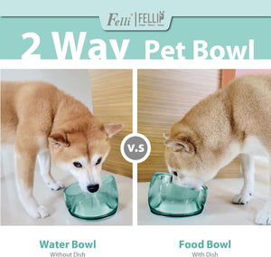 Two images of a dog using a 2-way pet bowl with and without a dish, branded 'Felli' at Pet Servo