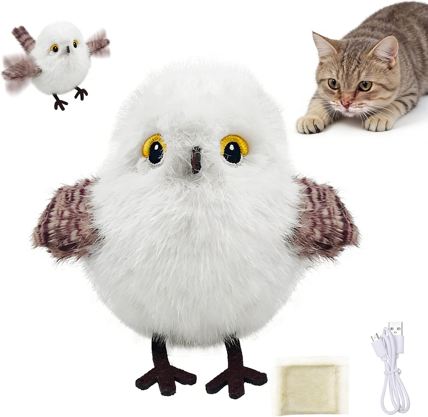 Plush owl toy with a cat and another owl toy in the background at Pet Servo