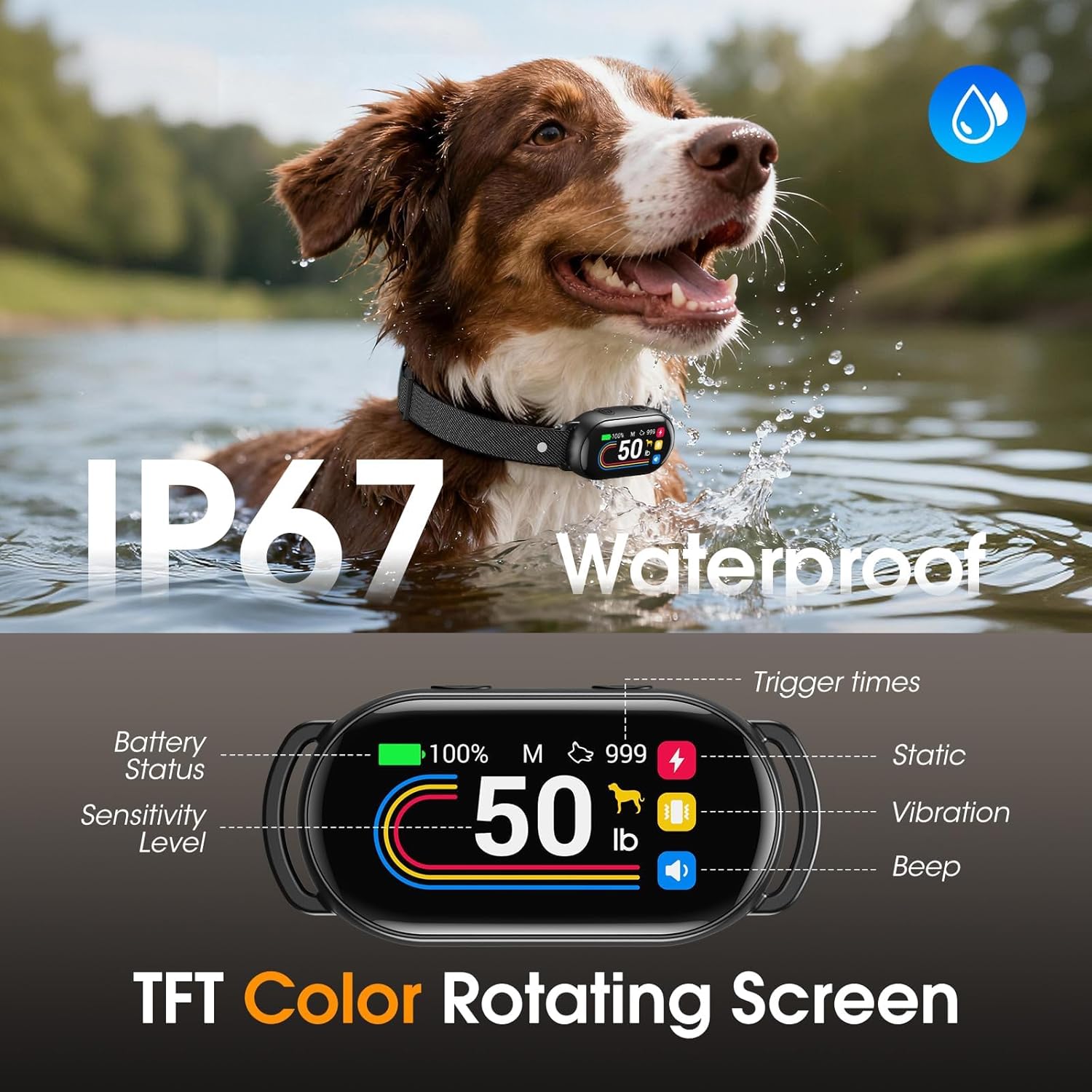 Dog wearing a waterproof dog collar with a color-rotating screen in water, featuring IP67 rating and product features at Pet Servo