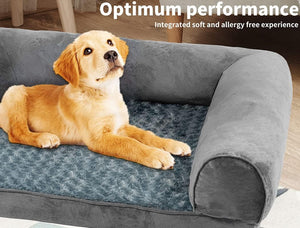Dog lying on a gray pet bed with 'Optimum performance' text above at Pet Servo