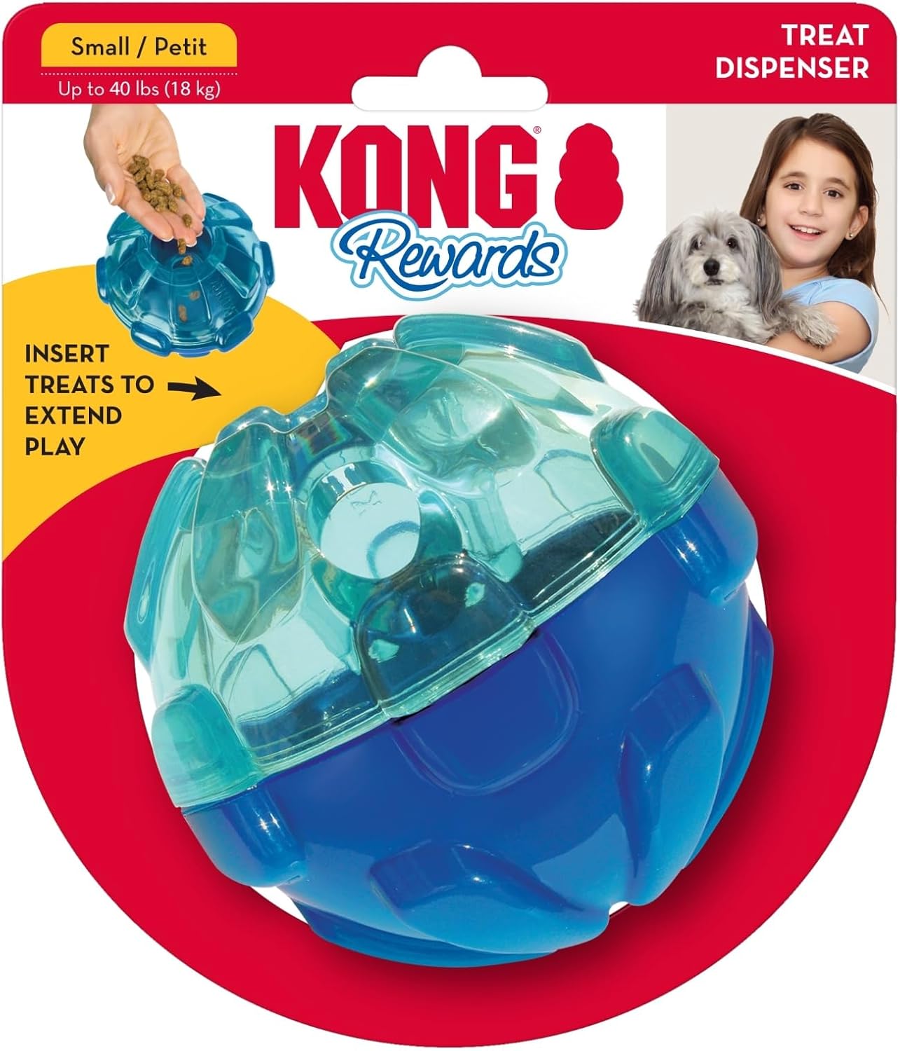 Kong Rewards Small Treat Dispenser dog toy in its original retail packaging. The blue and translucent teal ball-shaped dispenser is shown on a red and white card with a yellow insert, featuring the Kong brand logo and a photo of a girl and dog in the top right corner at Pet Servo