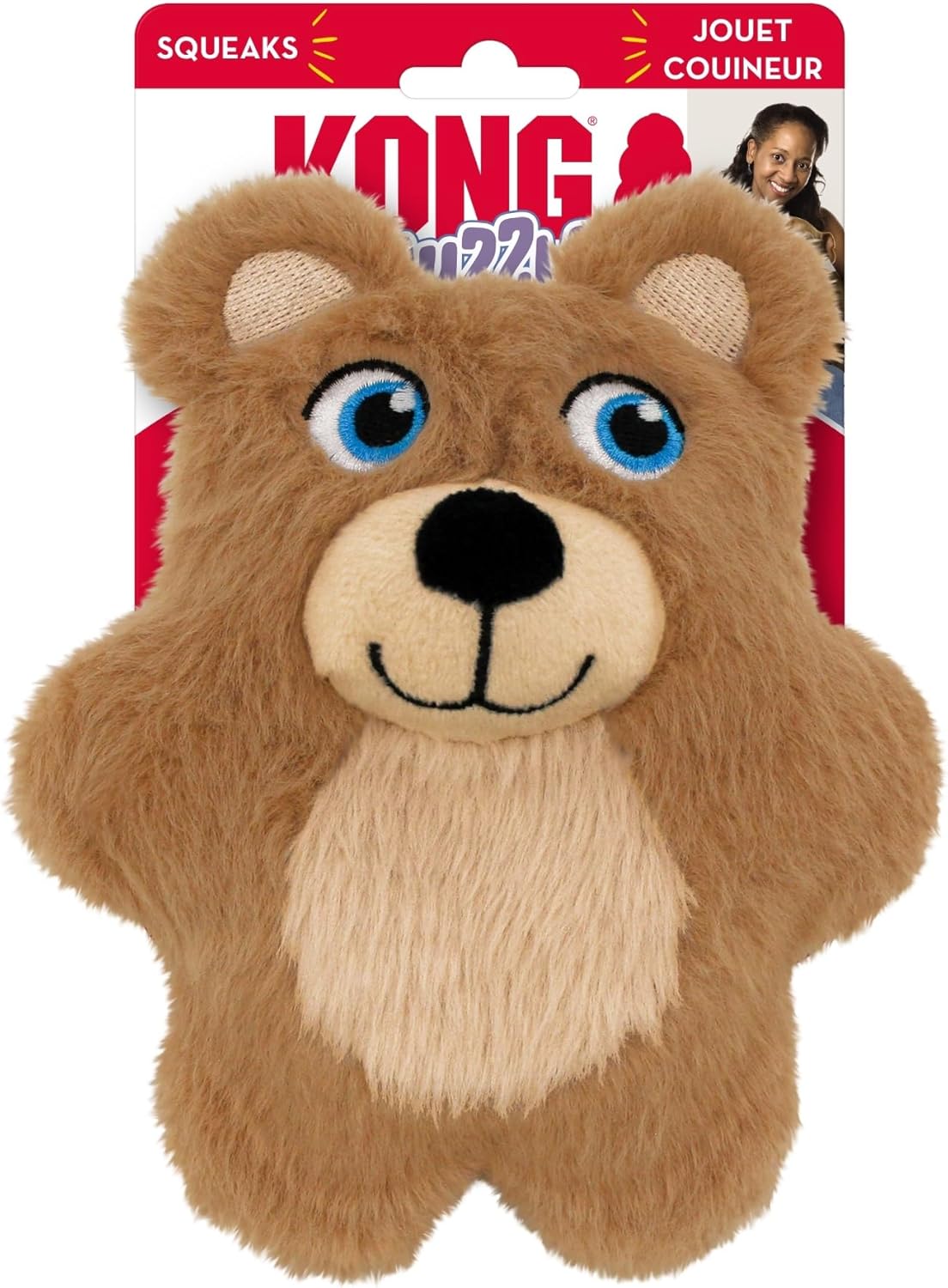 Kong Bear Squeaks dog toy in its original retail packaging, featuring a plush brown bear with a cream-colored snout and chest, blue eyes, and a black nose at Pet Servo