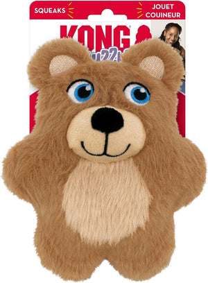 Kong Bear Squeaks dog toy in its original retail packaging, featuring a plush brown bear with a cream-colored snout and chest, blue eyes, and a black nose at Pet Servo