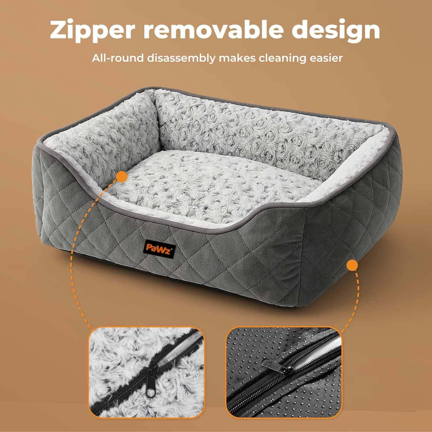Gray pet bed with zipper removal feature on a brown background at Pet Servo