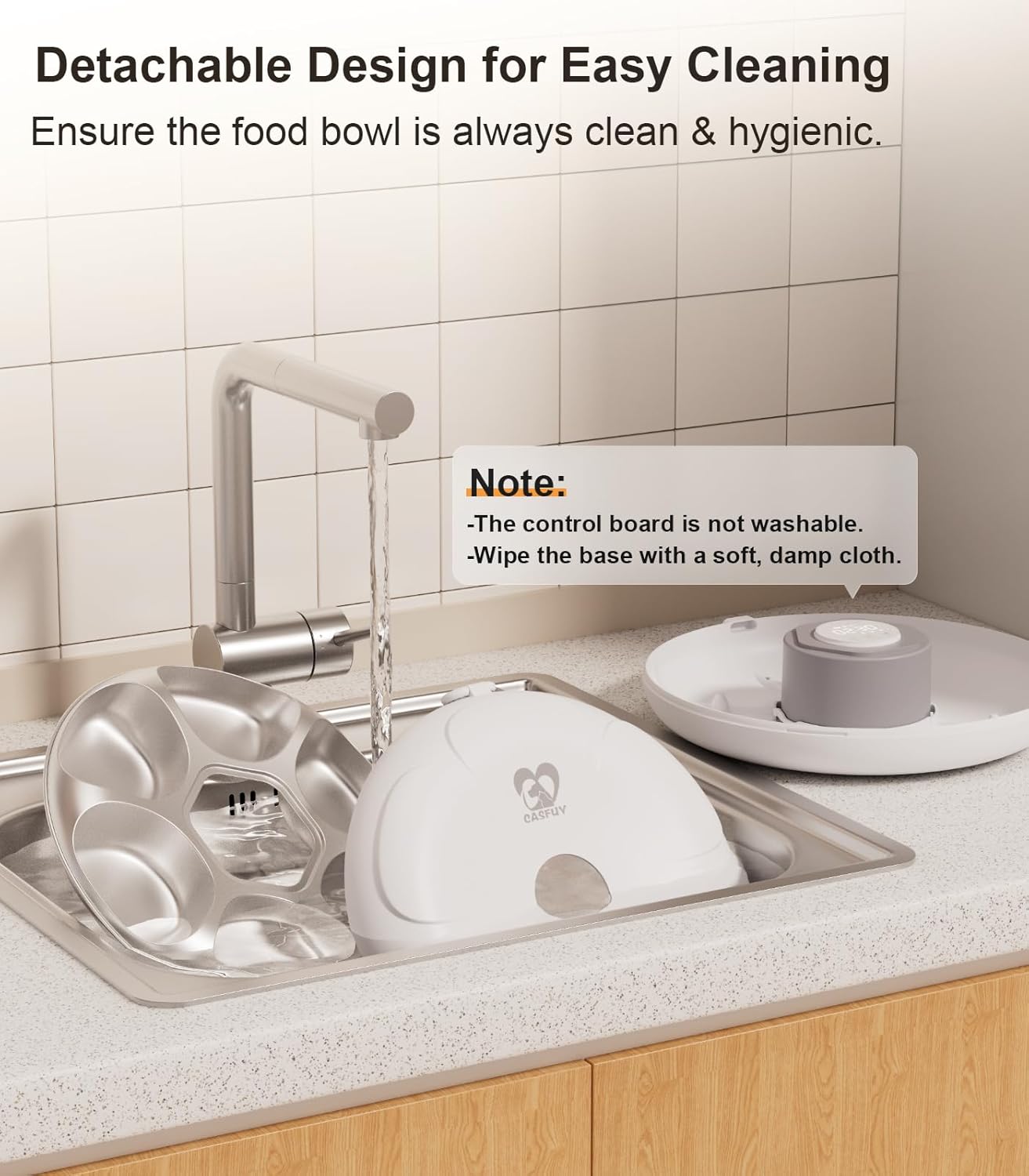 Dishwasher with detachable food bowl on a kitchen counter, emphasizing easy cleaning at Pet Servo