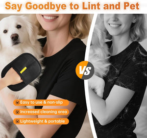 Person holding a dog with a grooming tool, showing before and after effects on a black shirt at Pet Servo