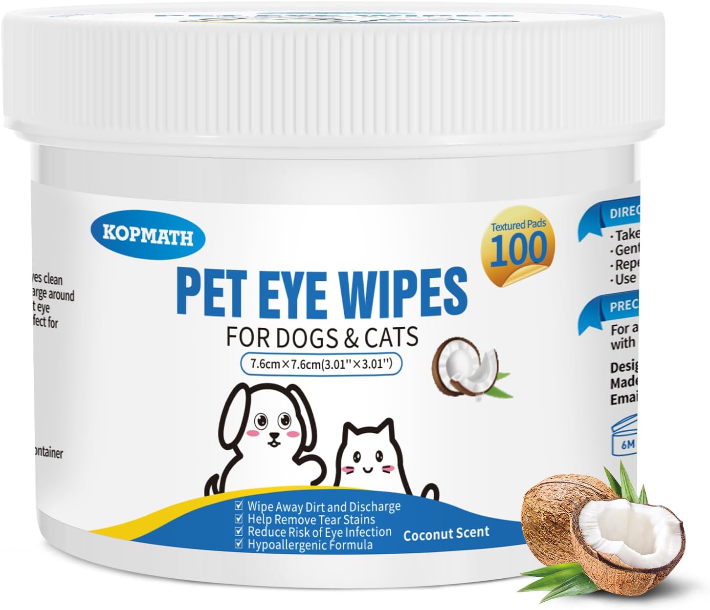 Kopmath Pet Eye Wipes for dogs and cats with coconut scent on a white background at Pet Servo