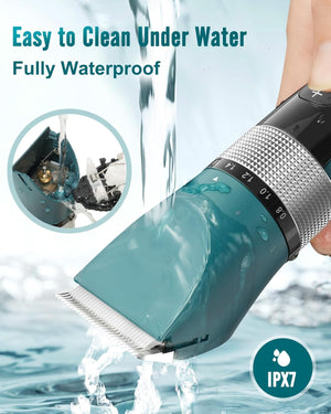 Hair clipper with water splashes and text indicating it is easy to clean under water and fully waterproof at Pet Servo