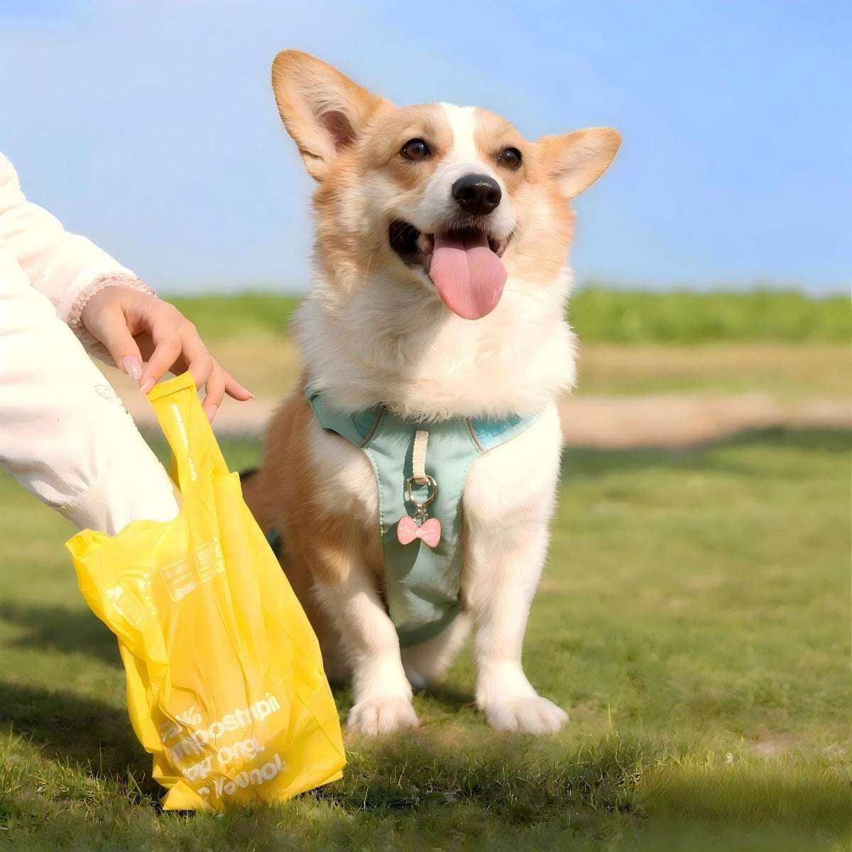 A corgi dog wearing a light blue harness sits on grass outdoors while a person holds a yellow bag nearby at Pet Servo