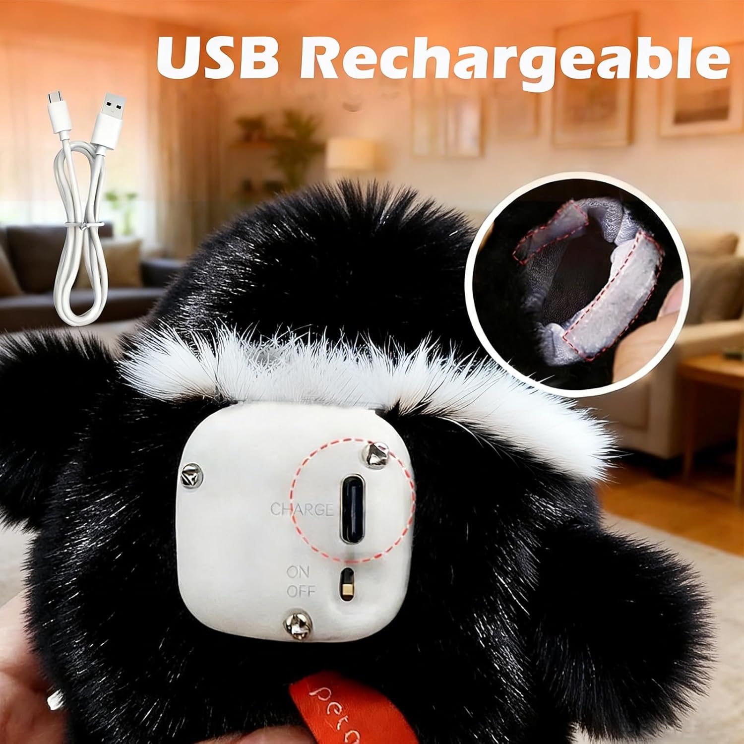 Black and white plush toy with USB charging cable and close-up of charging port in a living room setting at Pet Servo
