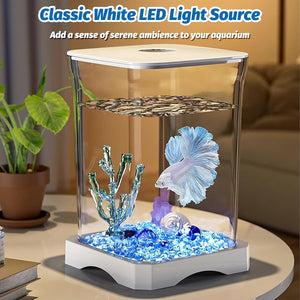Small aquarium with LED light source on a table, featuring a blue fish and coral at Pet Servo