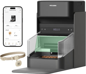 PetLibro pet feeding station with smartphone app and collar on a white background at Pet Servo