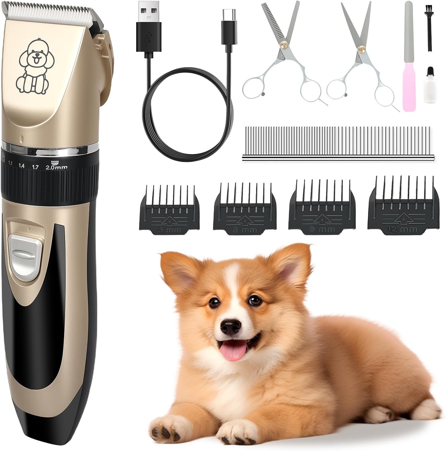 A pet grooming kit shown on a white background, including a cordless electric clipper with a small dog illustration on the guard, USB charging cable, scissors, comb, guide combs, and a small puppy photo. The clipper is metallic champagne gold and black at Pet Servo