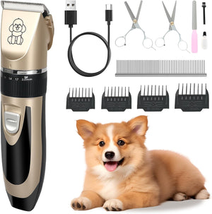 A pet grooming kit shown on a white background, including a cordless electric clipper with a small dog illustration on the guard, USB charging cable, scissors, comb, guide combs, and a small puppy photo. The clipper is metallic champagne gold and black at Pet Servo