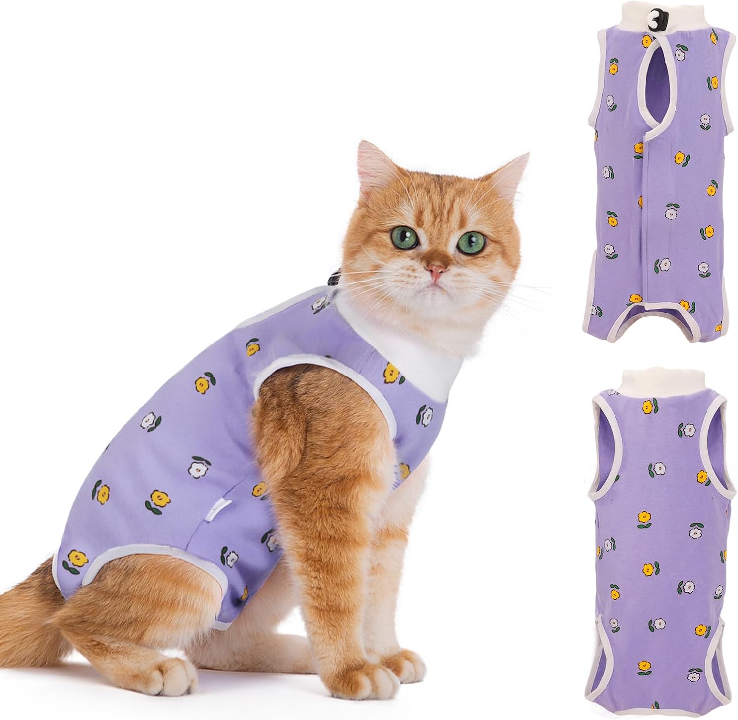 Cat wearing a purple outfit with a pattern, next to the outfit on a white background at Pet Servo