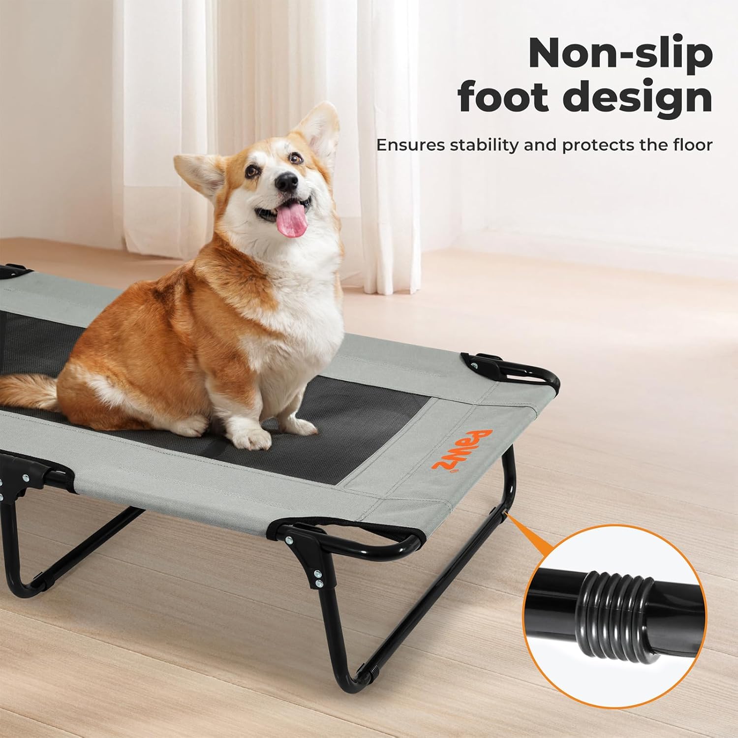 Dog sitting on a portable pet bed with non-slip foot design feature highlighted at Pet Servo