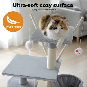 Cat tree with plush fabric surface and cat sitting on it, labeled 'Ultra-soft cozy surface' and 'Plush fabric' at Pet Servo