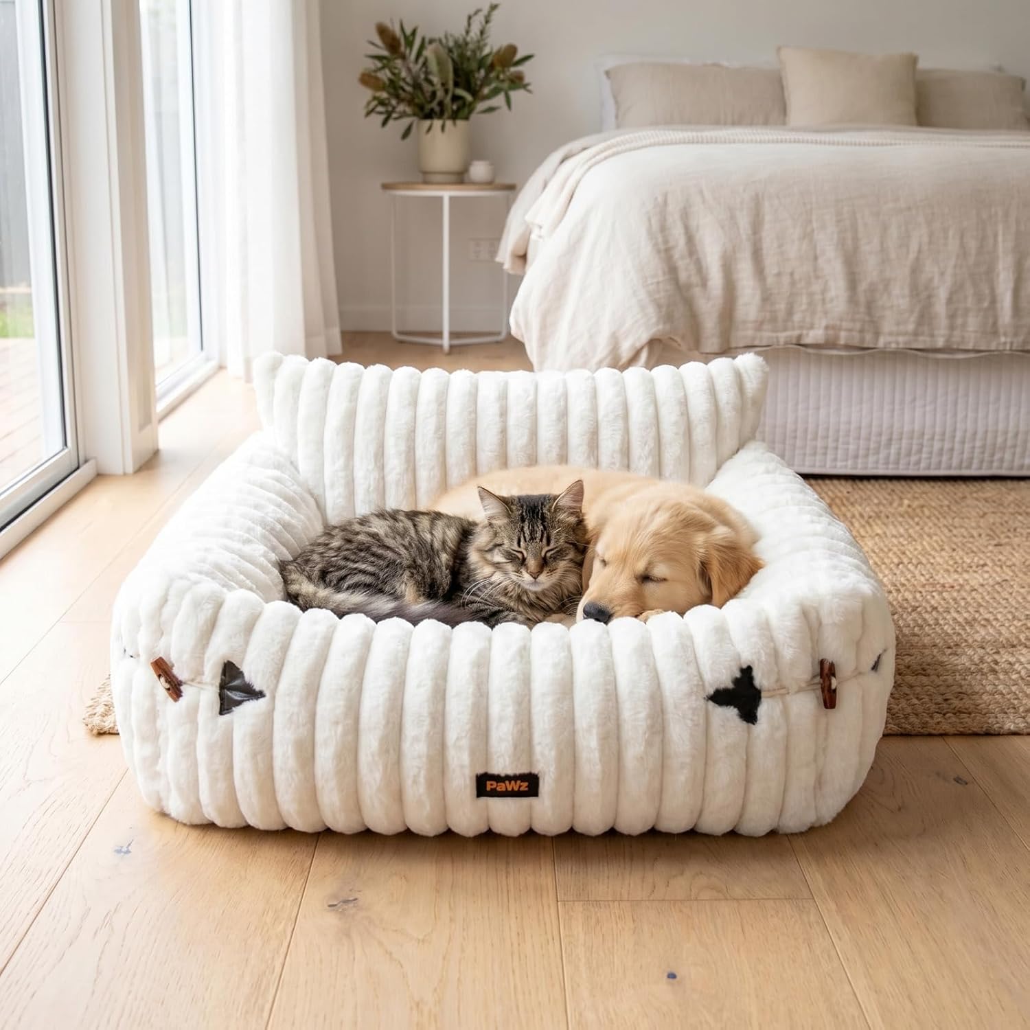 Two pets, a cat and a dog, lying on a fluffy pet bed in a cozy bedroom at Pet Servo