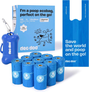 A dog poop bag kit on a white background, including a blue dispenser, a box of 108 scented bags, a reusable blue bag, and multiple rolls of blue bags. The packaging features a cartoon dog and the brand name 'deco dog' at Pet Servo