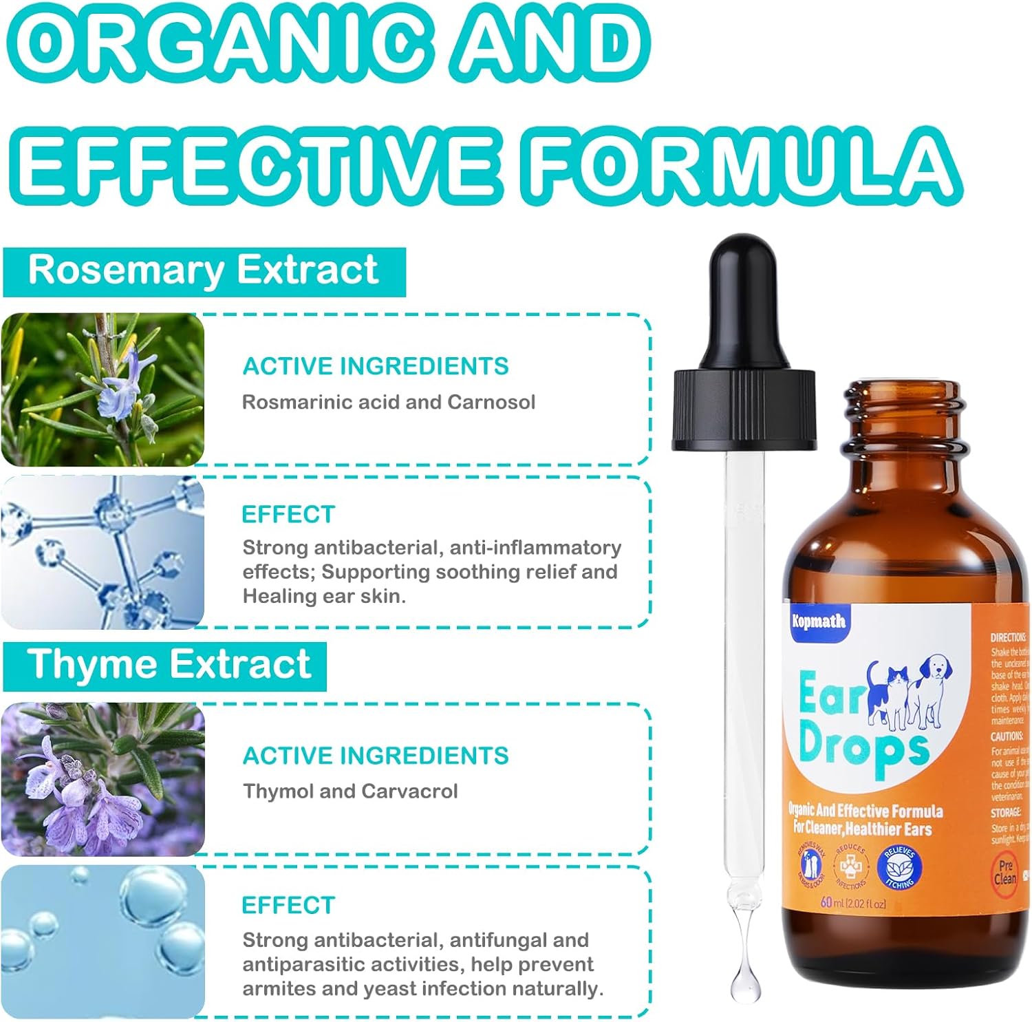 Ear drops with rosemary and thyme extracts, showing active ingredients and effects on a white background at Pet Servo