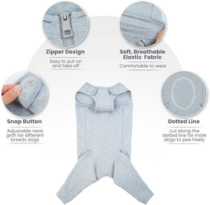 Gray dog onesie with features highlighted on a white background