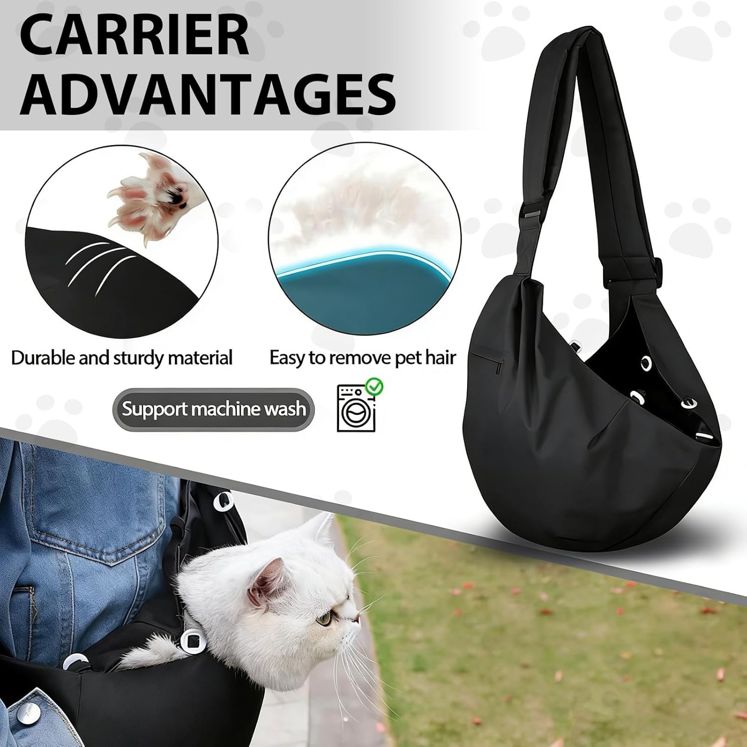 Black pet carrier with a cat inside, highlighting features like durability, ease of cleaning, and machine wash ability at Pet Servo