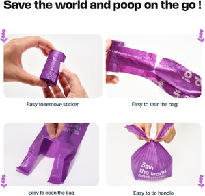 Four-panel demonstration showing a purple plastic bag of waste with printed text and labels, with hands demonstrating how to remove the sticker, tear the bag, open the bag, and tie the handle. Large headline text at the top reads 'Save the world and poop on the go !' at Pet Servo