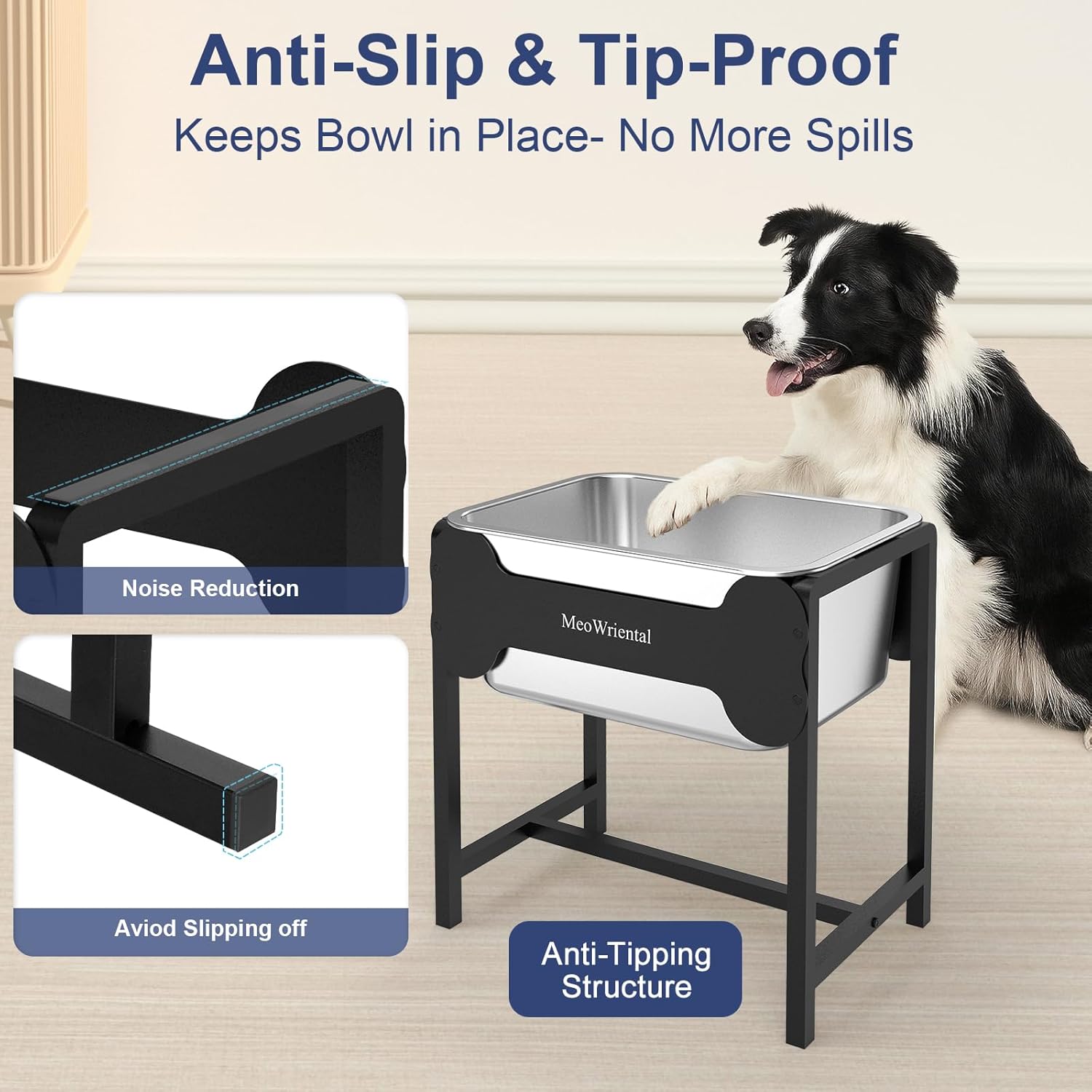 Pet feeding station with anti-slip and tip-proof features, featuring a dog and product details at Pet Servo