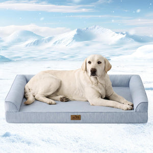 A cream-colored Labrador Retriever lies on a light blue rectangular dog bed with raised armrests, set against a snowy mountain landscape background at Pet Servo