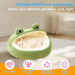 Green frog-shaped pet bed with a cat inside, on a light background at Pet Servo